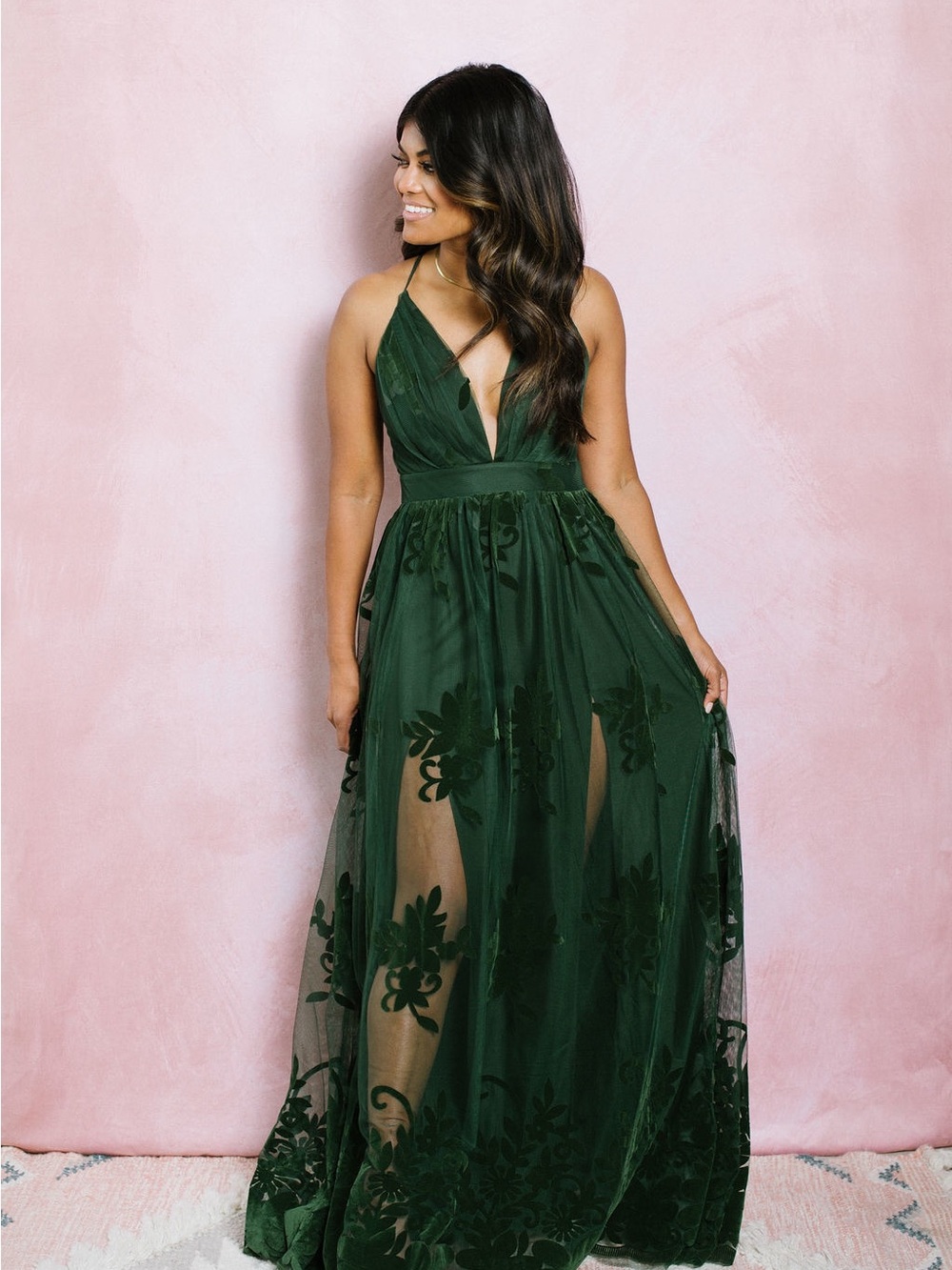 Luxxel | Emerald Floral Tulle Maxi, Medium